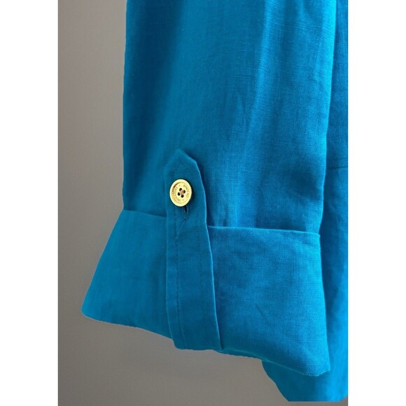 Vintage Jones New York  Turquoise 100% Linen Nehru Peplum Jacket 3X Officecore - Picture 3 of 6
